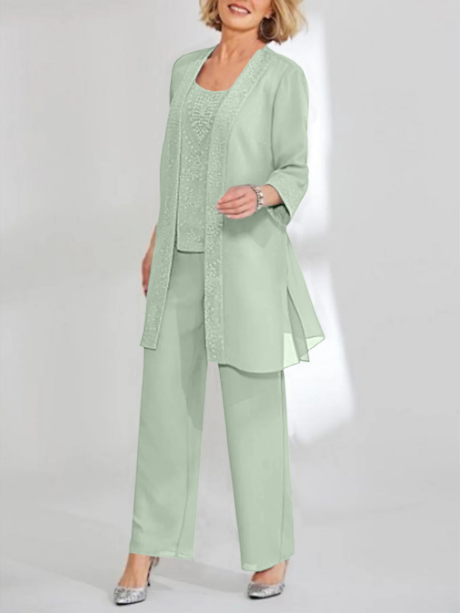 Ankle-Length Chiffon Mother of the Bride Pantsuit with Jacket in Scoop Style-BMbridal
