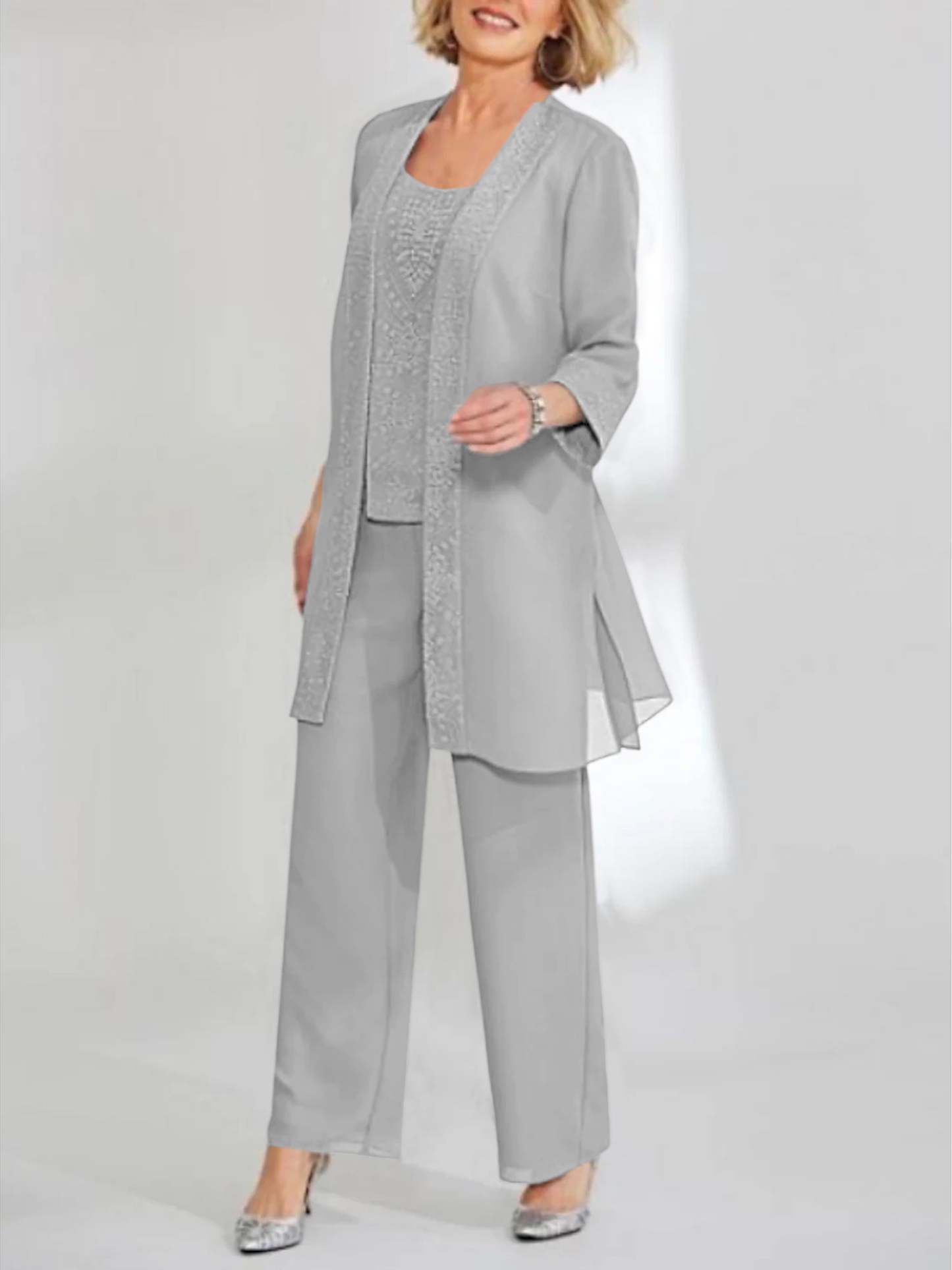 Ankle-Length Chiffon Mother of the Bride Pantsuit with Jacket in Scoop Style-BMbridal