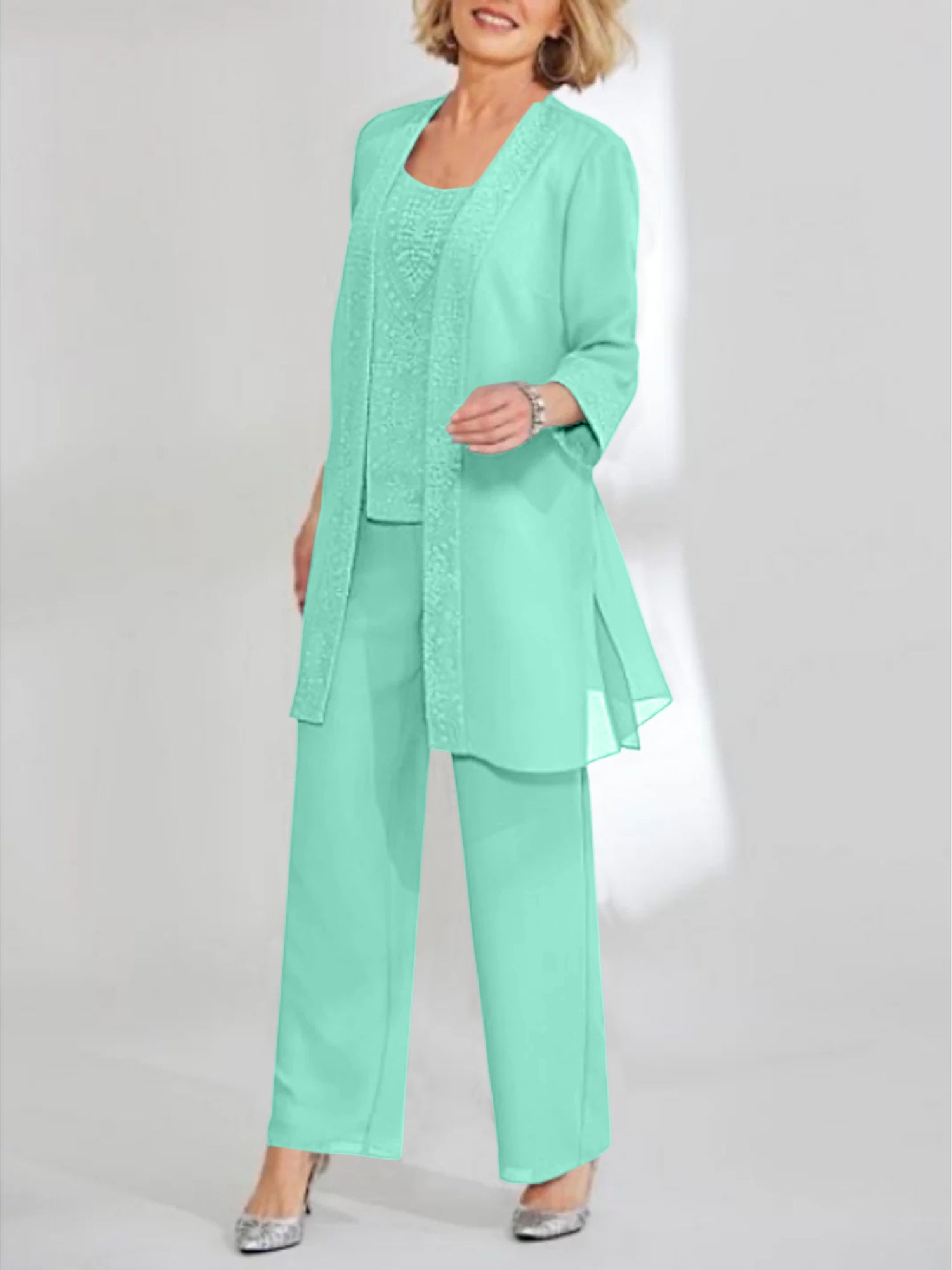 Ankle-Length Chiffon Mother of the Bride Pantsuit with Jacket in Scoop Style-BMbridal