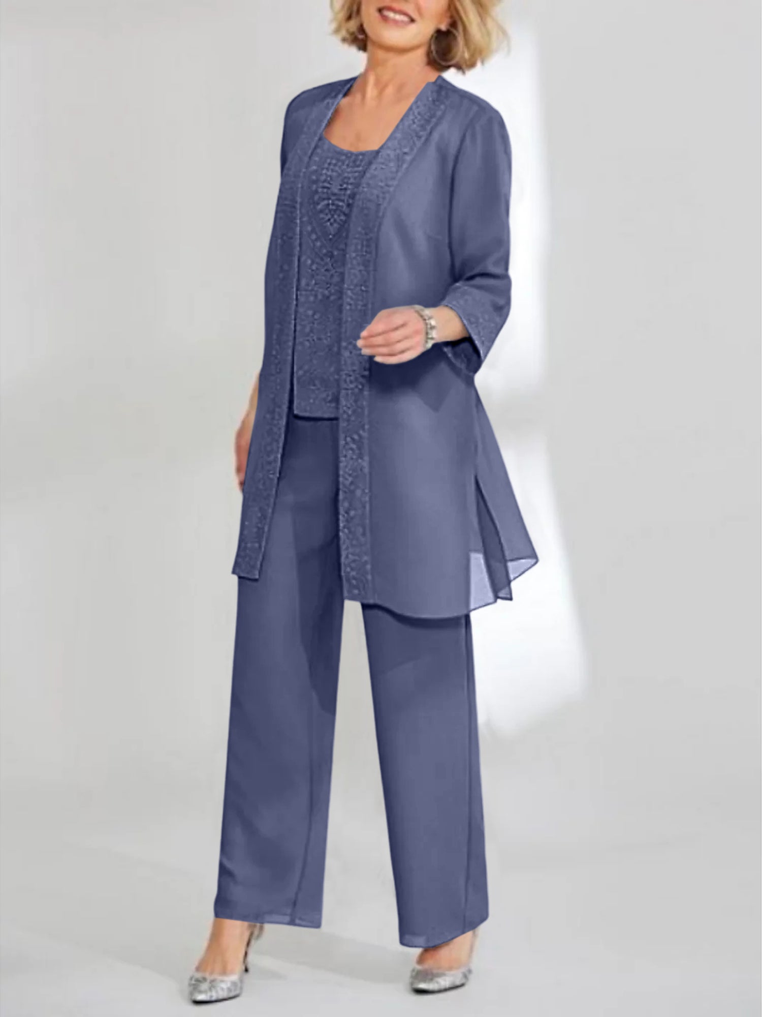 Ankle-Length Chiffon Mother of the Bride Pantsuit with Jacket in Scoop Style-BMbridal
