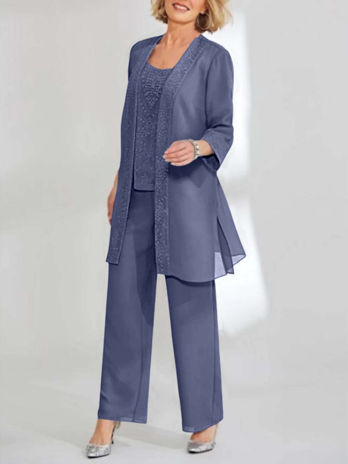 Ankle-Length Chiffon Mother of the Bride Pantsuit with Jacket in Scoop Style-BMbridal