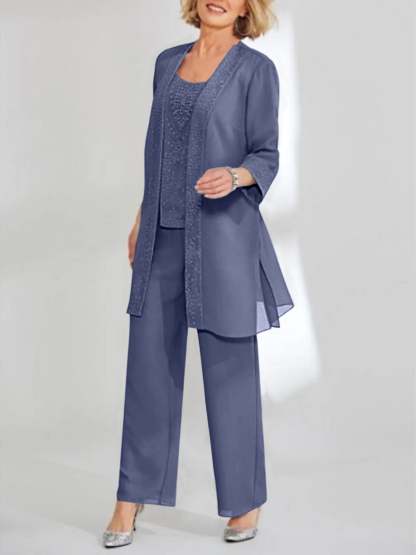 Ankle-Length Chiffon Mother of the Bride Pantsuit with Jacket in Scoop Style-BMbridal