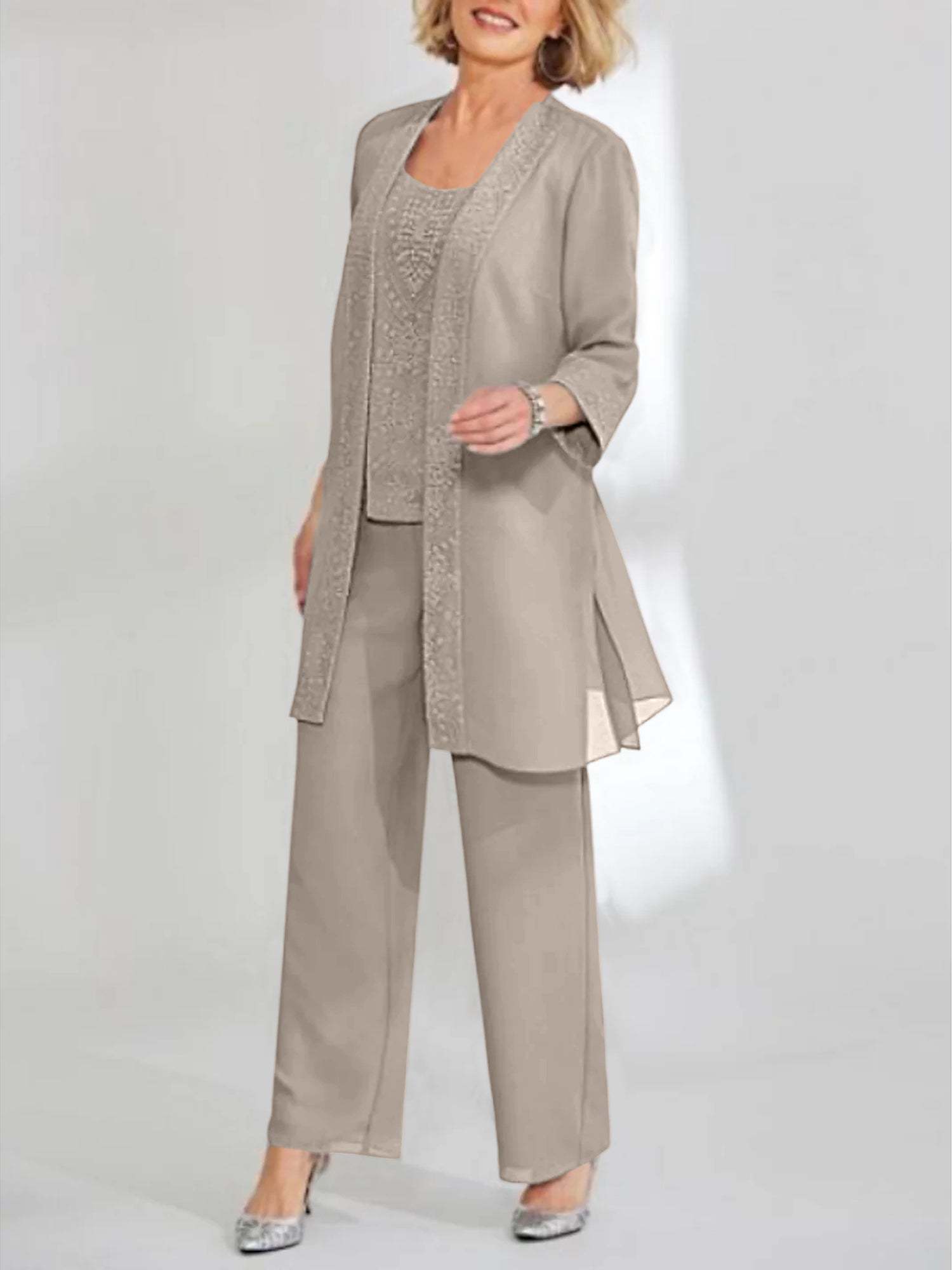 Ankle-Length Chiffon Mother of the Bride Pantsuit with Jacket in Scoop Style-BMbridal