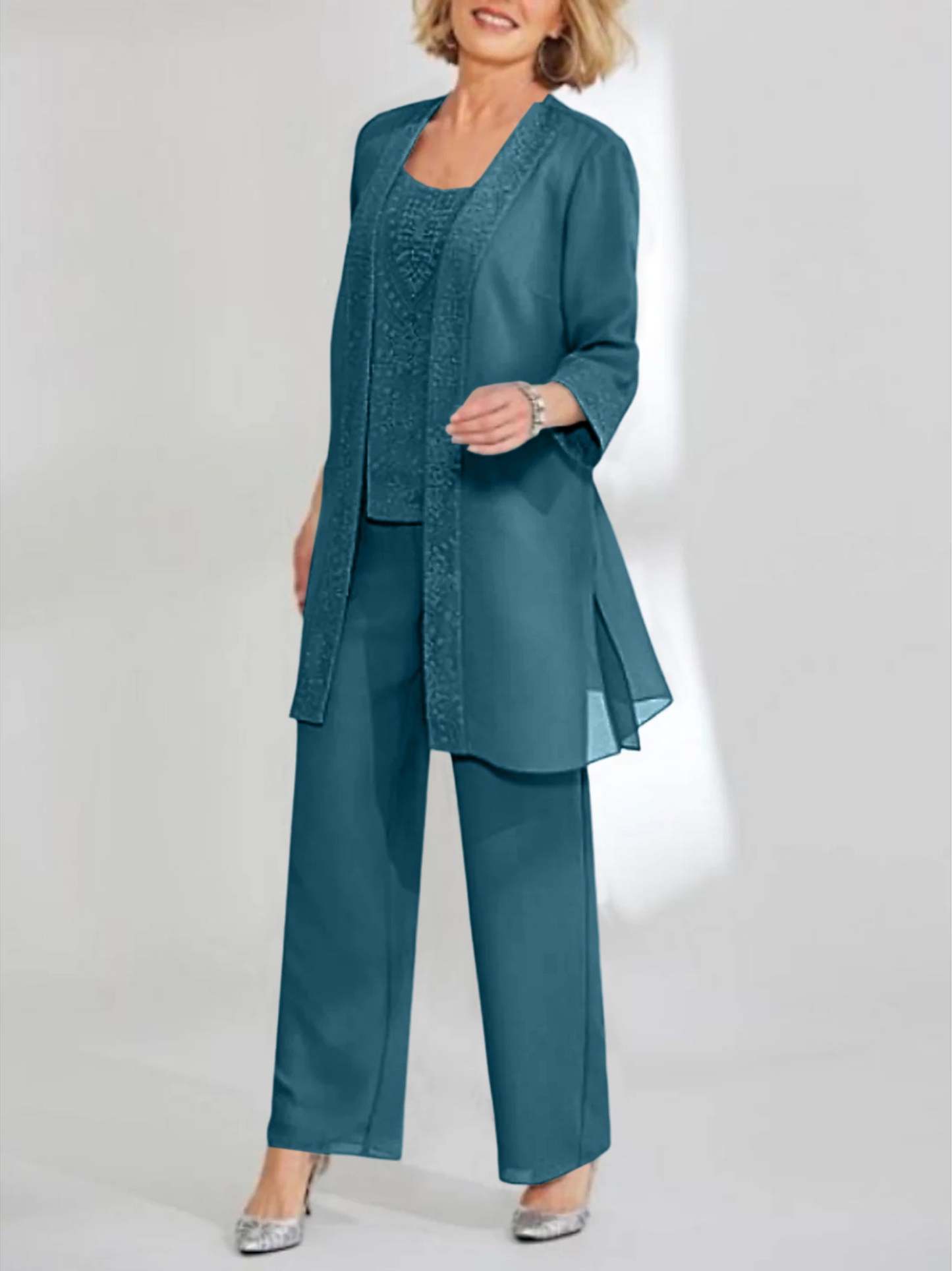 Ankle-Length Chiffon Mother of the Bride Pantsuit with Jacket in Scoop Style-BMbridal