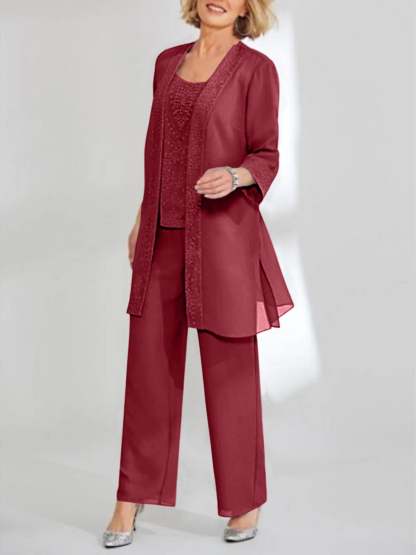 Ankle-Length Chiffon Mother of the Bride Pantsuit with Jacket in Scoop Style-BMbridal