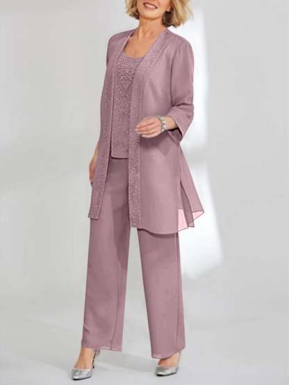 Ankle-Length Chiffon Mother of the Bride Pantsuit with Jacket in Scoop Style-BMbridal