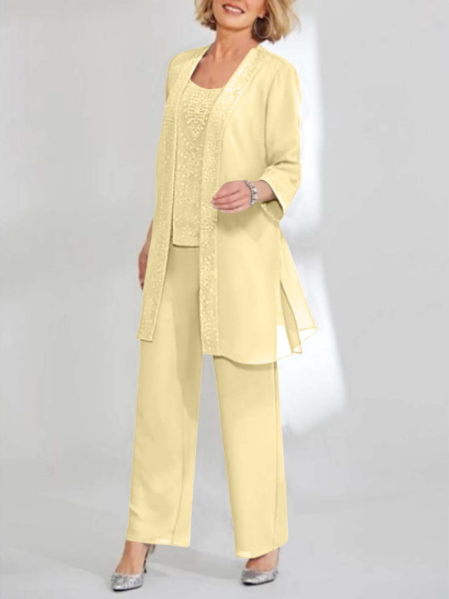 Ankle-Length Chiffon Mother of the Bride Pantsuit with Jacket in Scoop Style-BMbridal