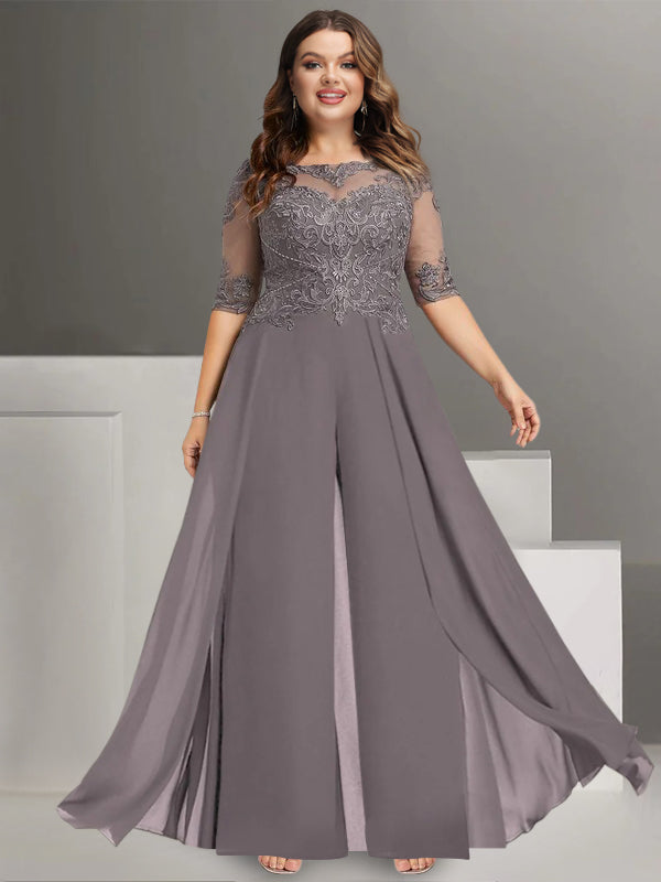 Ankle-Length Plus Size Chiffon Mother of the Bride Pantsuit with Lace and Jewel Neck-BMbridal