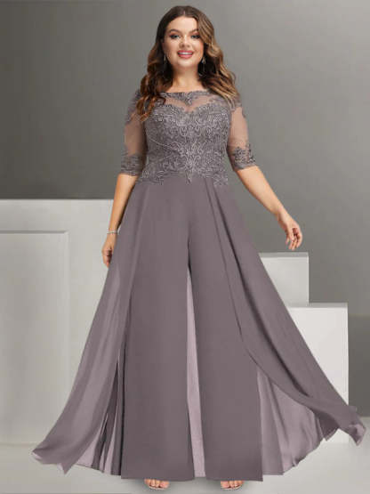 Ankle-Length Mother of the Bride Chiffon Pantsuit with Lace and Jewel Neckline-BMbridal