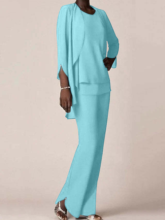 Floor-Length V-Neck Chiffon Pantsuit with Ruffles for the Mother of the Bride-BMbridal