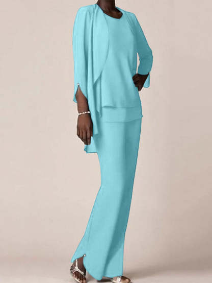 Floor-Length V-Neck Chiffon Pantsuit with Ruffles for the Mother of the Bride-BMbridal