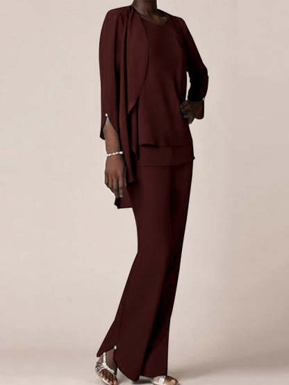 Floor-Length V-Neck Chiffon Pantsuit with Ruffles for the Mother of the Bride-BMbridal