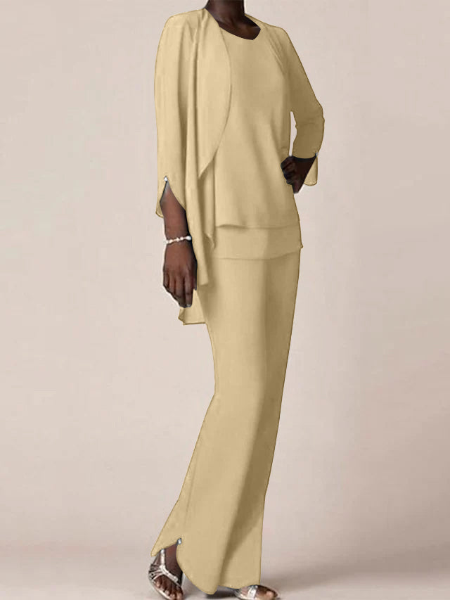 Floor-Length V-Neck Chiffon Pantsuit with Ruffles for the Mother of the Bride-BMbridal