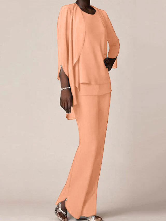 Floor-Length V-Neck Chiffon Pantsuit with Ruffles for the Mother of the Bride-BMbridal
