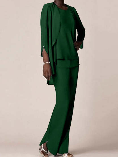 Floor-Length V-Neck Chiffon Pantsuit with Ruffles for the Mother of the Bride-BMbridal