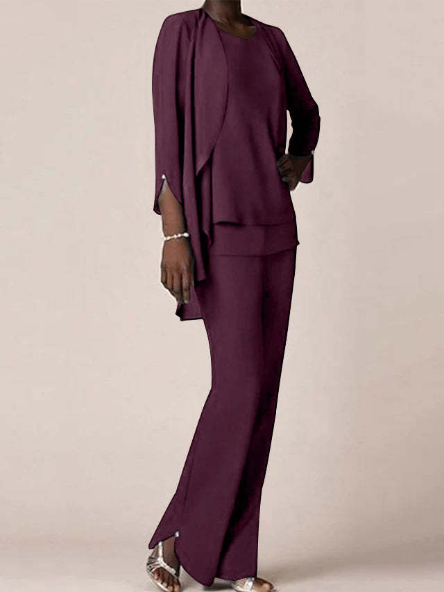 Floor-Length V-Neck Chiffon Pantsuit with Ruffles for the Mother of the Bride-BMbridal