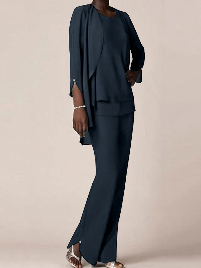 Floor-Length V-Neck Chiffon Pantsuit with Ruffles for the Mother of the Bride-BMbridal