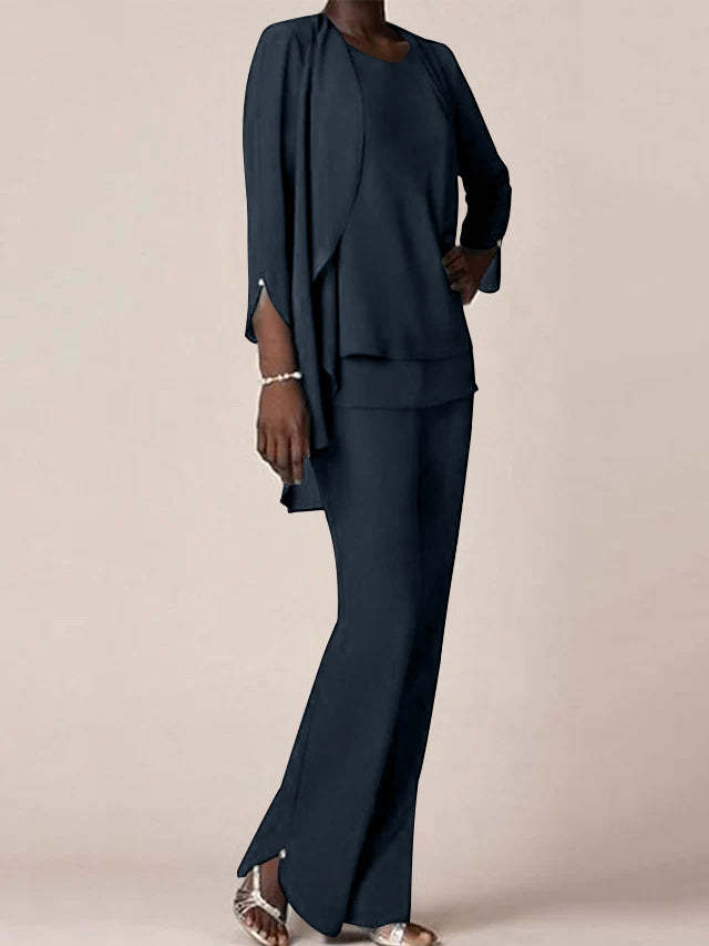 Floor-Length V-Neck Chiffon Pantsuit with Ruffles for the Mother of the Bride-BMbridal