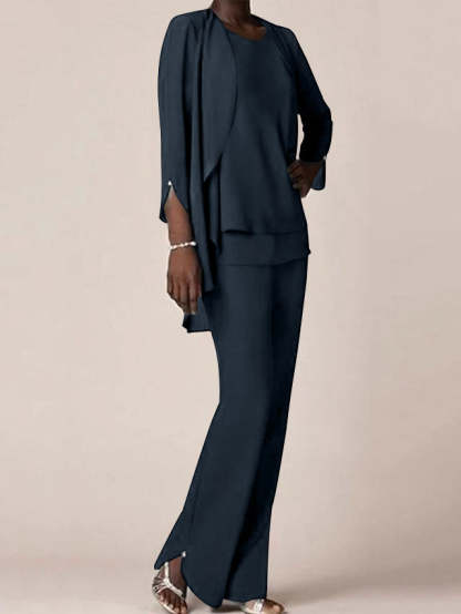 Floor-Length V-Neck Chiffon Pantsuit with Ruffles for the Mother of the Bride-BMbridal