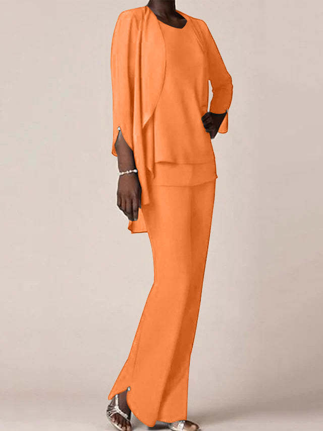 Floor-Length V-Neck Chiffon Pantsuit with Ruffles for the Mother of the Bride-BMbridal