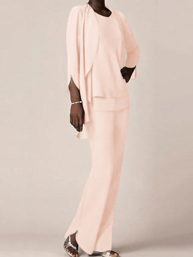 Floor-Length V-Neck Chiffon Pantsuit with Ruffles for the Mother of the Bride-BMbridal