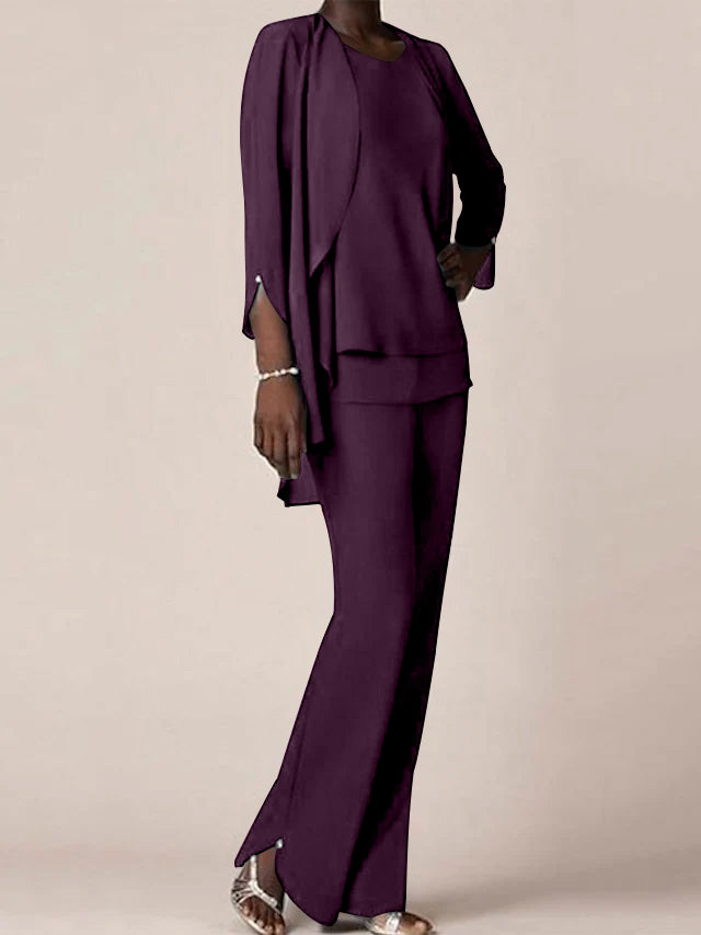 Floor-Length V-Neck Chiffon Pantsuit with Ruffles for the Mother of the Bride-BMbridal
