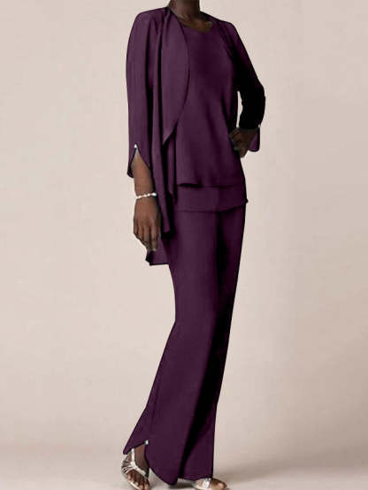 Floor-Length V-Neck Chiffon Pantsuit with Ruffles for the Mother of the Bride-BMbridal