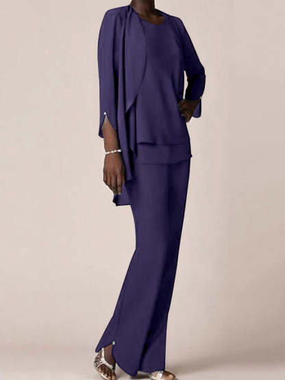 Floor-Length V-Neck Chiffon Pantsuit with Ruffles for the Mother of the Bride-BMbridal