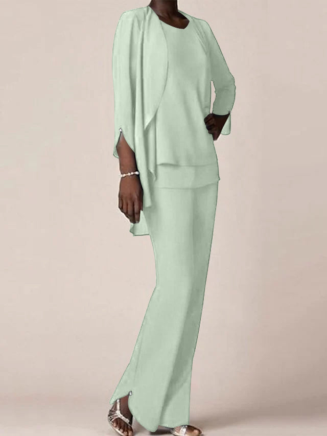 Floor-Length V-Neck Chiffon Pantsuit with Ruffles for the Mother of the Bride-BMbridal