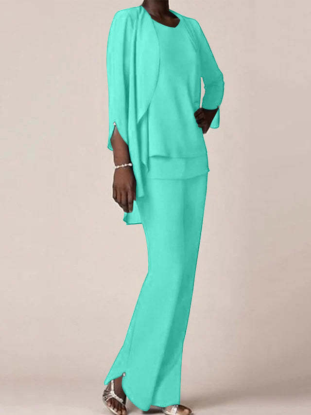 Floor-Length V-Neck Chiffon Pantsuit with Ruffles for the Mother of the Bride-BMbridal