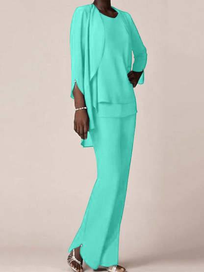 Floor-Length V-Neck Chiffon Pantsuit with Ruffles for the Mother of the Bride-BMbridal
