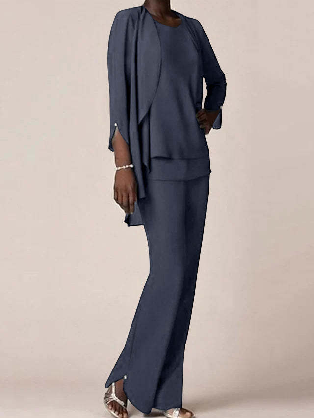 Floor-Length V-Neck Chiffon Pantsuit with Ruffles for the Mother of the Bride-BMbridal