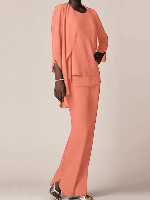 Floor-Length V-Neck Chiffon Pantsuit with Ruffles for the Mother of the Bride-BMbridal