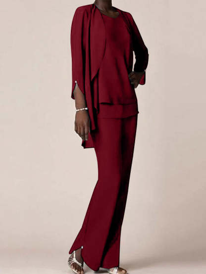 Floor-Length V-Neck Chiffon Pantsuit with Ruffles for the Mother of the Bride-BMbridal