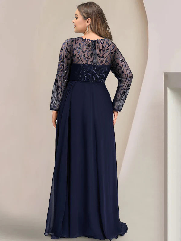 Floor-Length Mother of the Bride A-Line Dress with Scoop Neck Long Sleeves Side Split Ruffles and Sequins-BMbridal