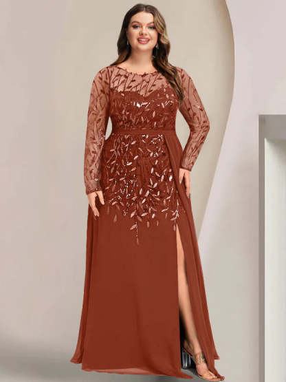 Plus Size Floor-Length Mother of the Bride A-Line Dress with Scoop Neck Long Sleeves Side Split Ruffles & Sequins-BMbridal