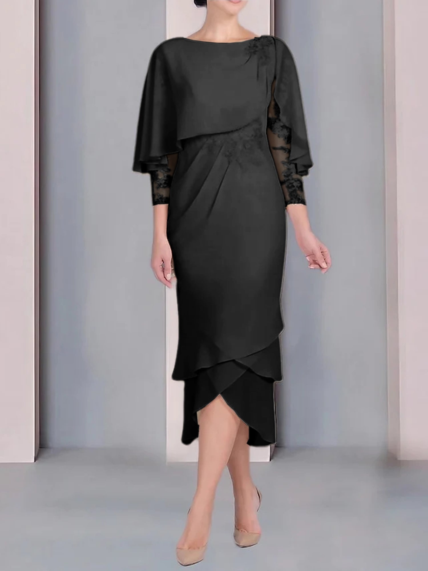 Tea-Length Mother of the Bride Dress with Scoop Neck Short Sleeves and Appliqued Lace-BMbridal