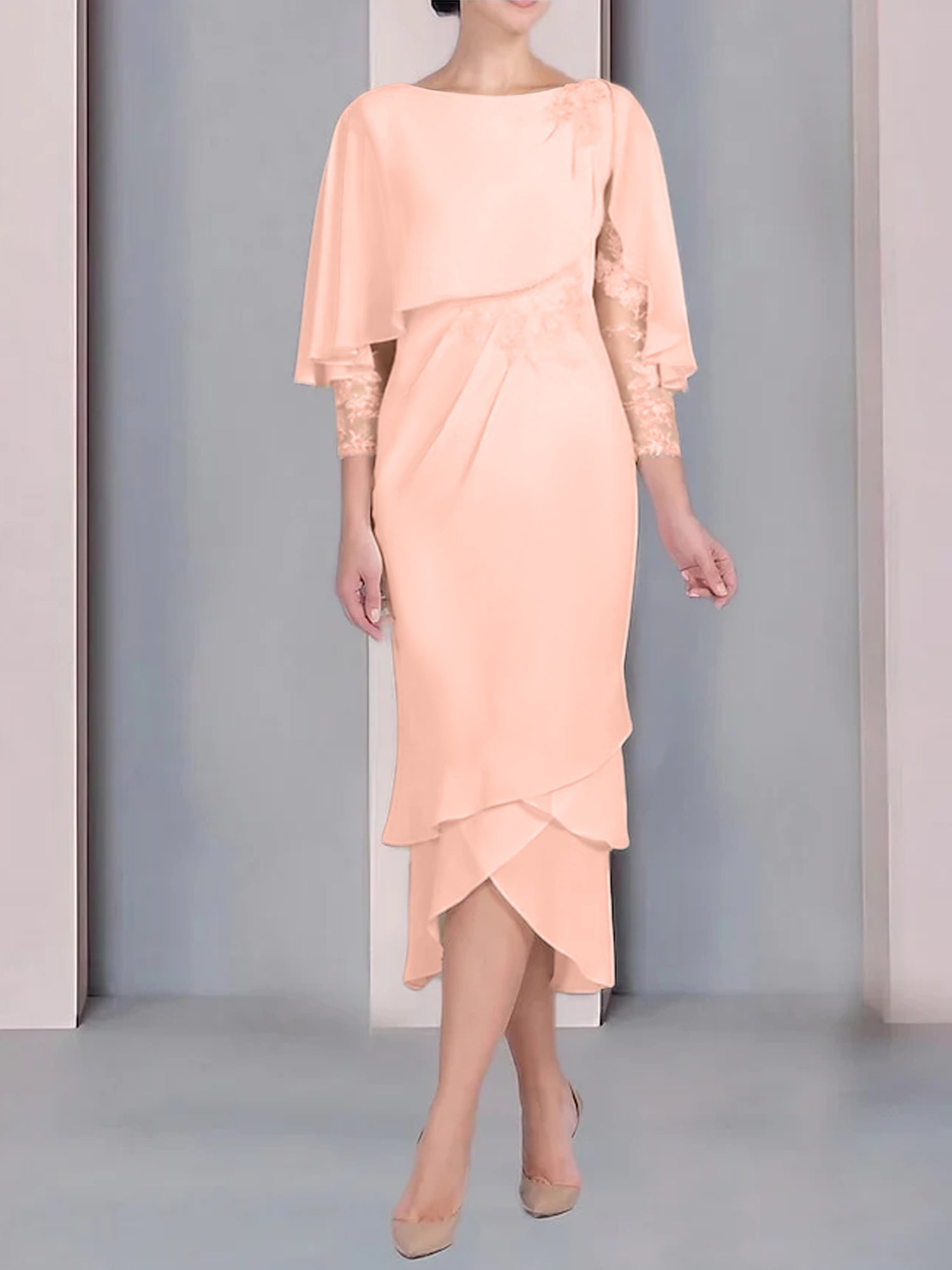 Tea-Length Mother of the Bride Dress with Scoop Neck Short Sleeves and Appliqued Lace-BMbridal