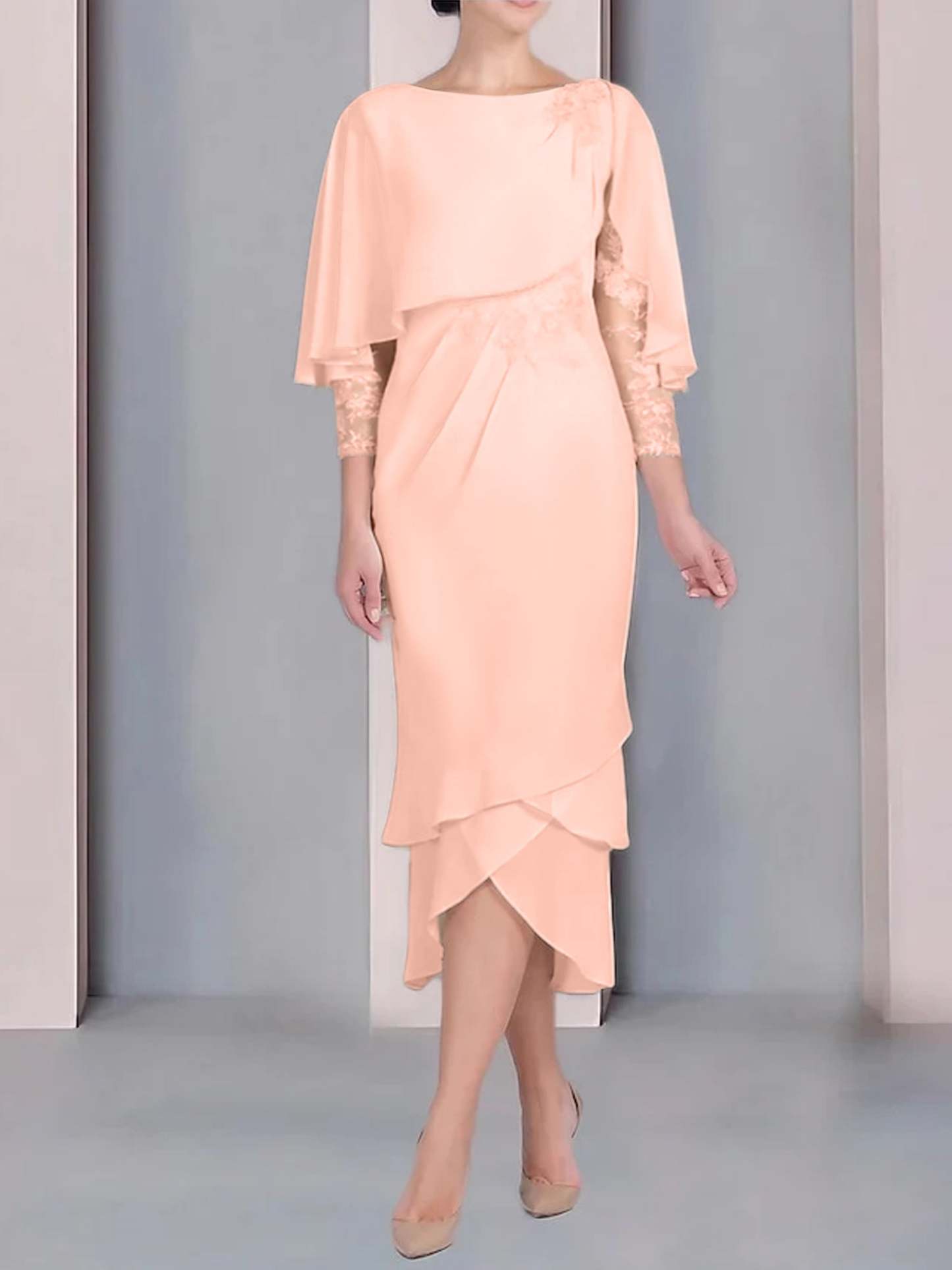 Tea-Length Mother of the Bride Dress with Scoop Neck Short Sleeves and Appliqued Lace-BMbridal