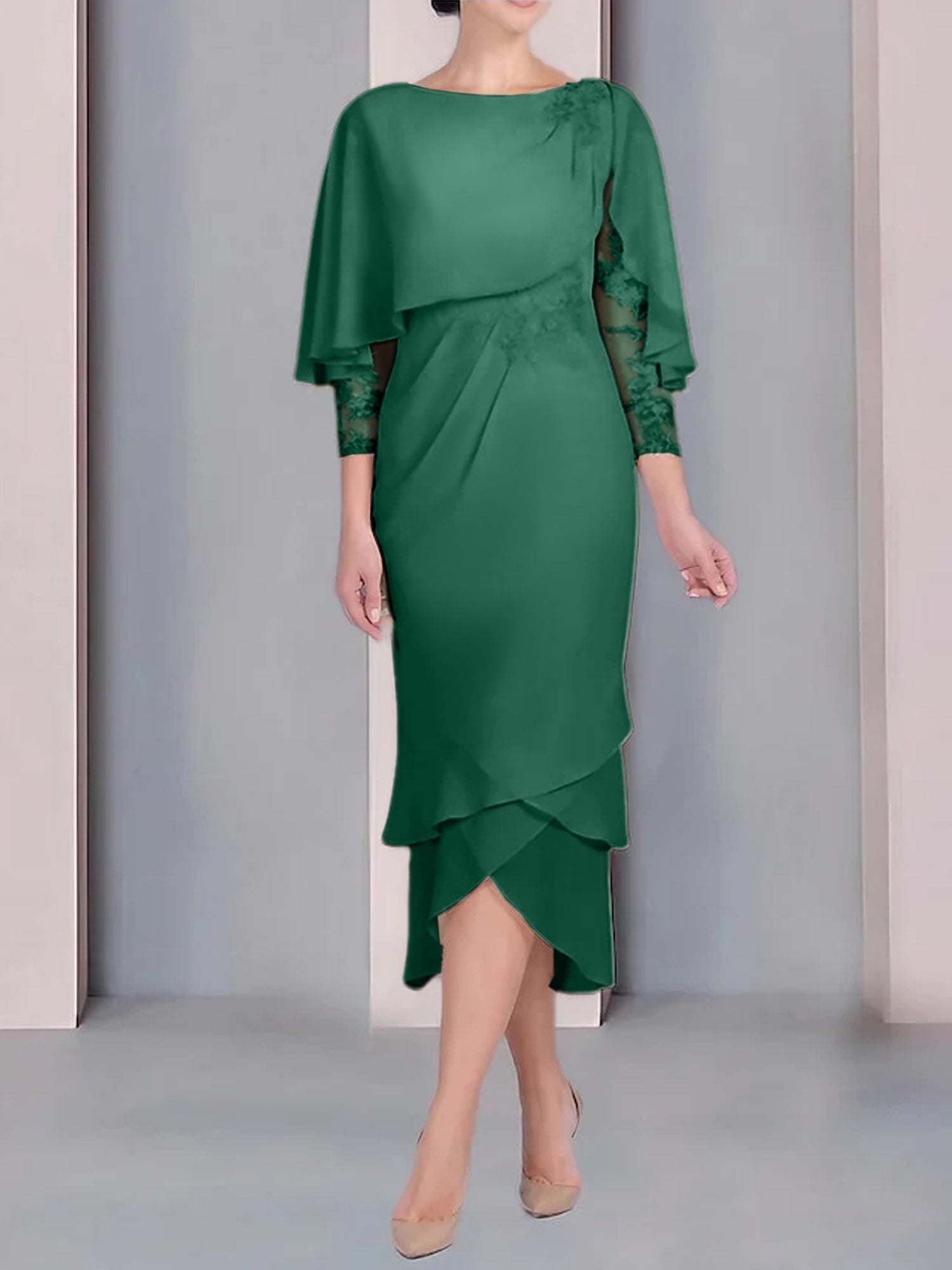 Tea-Length Mother of the Bride Dress with Scoop Neck Short Sleeves and Appliqued Lace-BMbridal