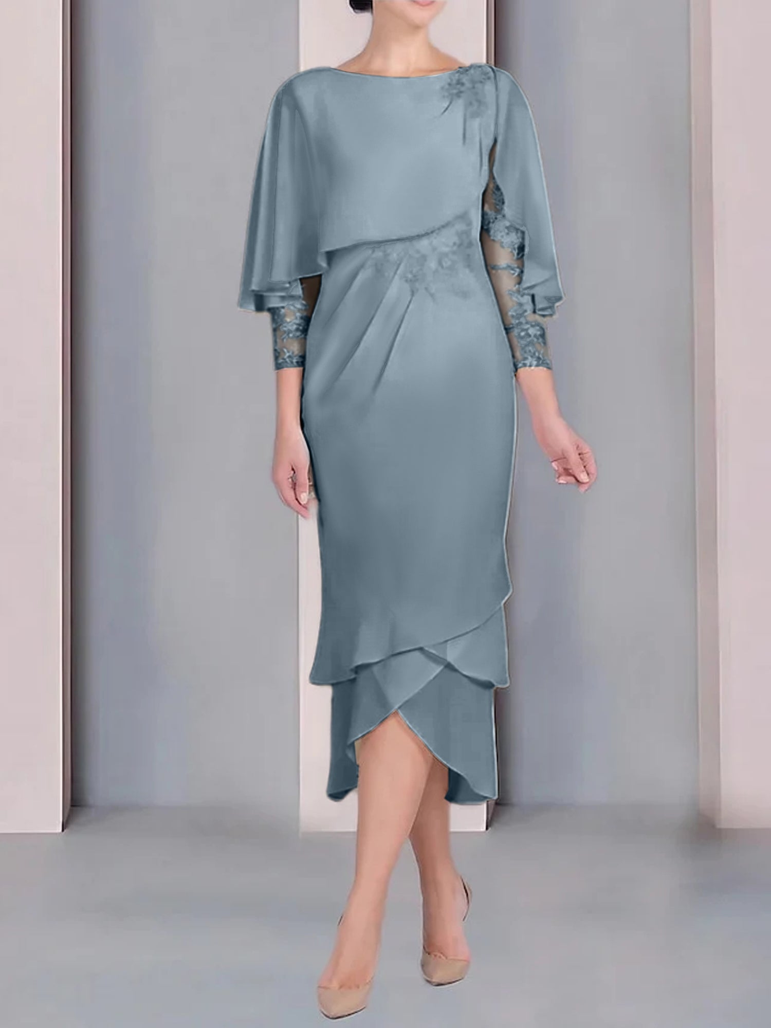 Tea-Length Mother of the Bride Dress with Scoop Neck Short Sleeves and Appliqued Lace-BMbridal