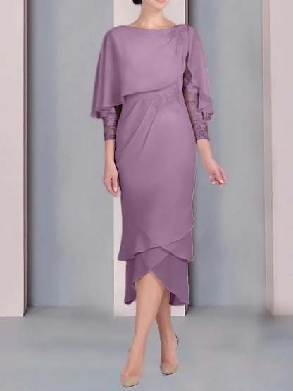 Tea-Length Mother of the Bride Dress with Scoop Neck Short Sleeves and Appliqued Lace-BMbridal