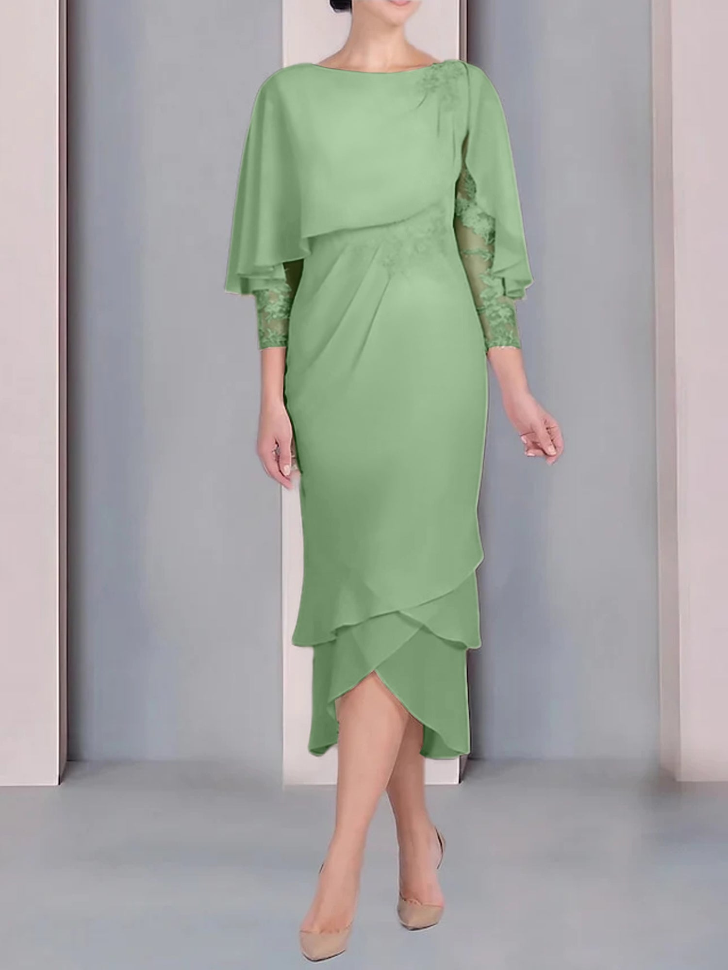 Tea-Length Mother of the Bride Dress with Scoop Neck Short Sleeves and Appliqued Lace-BMbridal