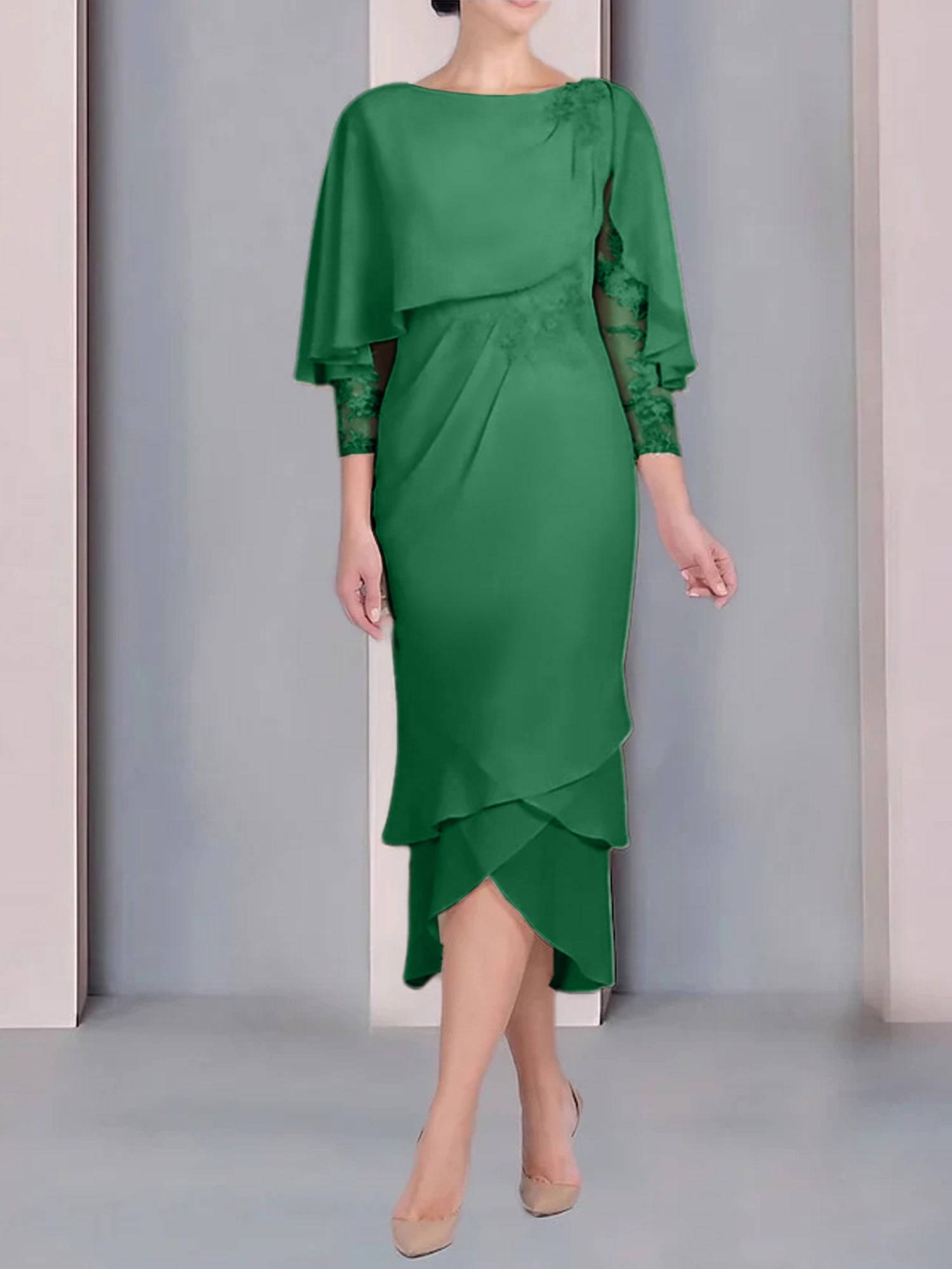 Tea-Length Mother of the Bride Dress with Scoop Neck Short Sleeves and Appliqued Lace-BMbridal