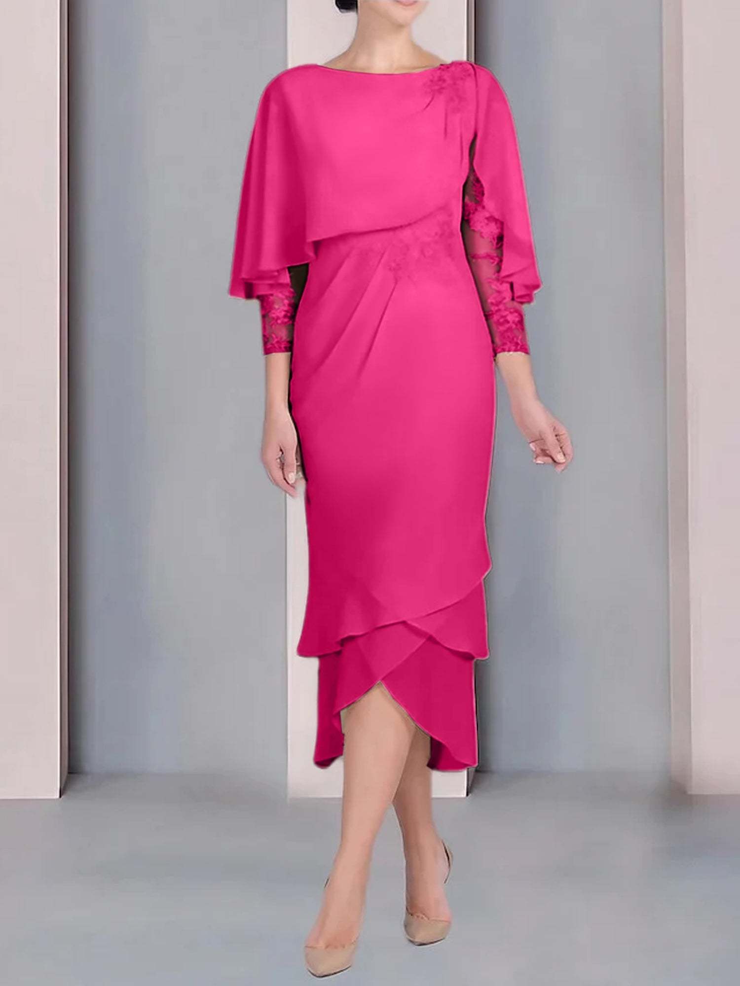 Tea-Length Mother of the Bride Dress with Scoop Neck Short Sleeves and Appliqued Lace-BMbridal