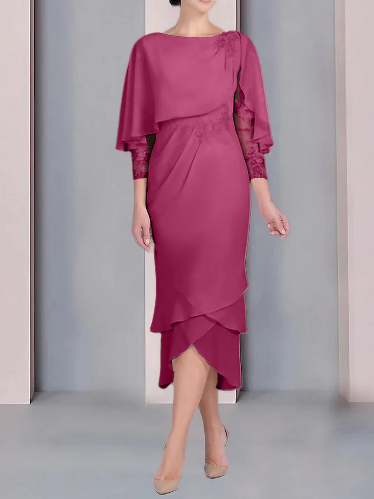 Tea-Length Mother of the Bride Dress with Scoop Neck Short Sleeves and Appliqued Lace-BMbridal