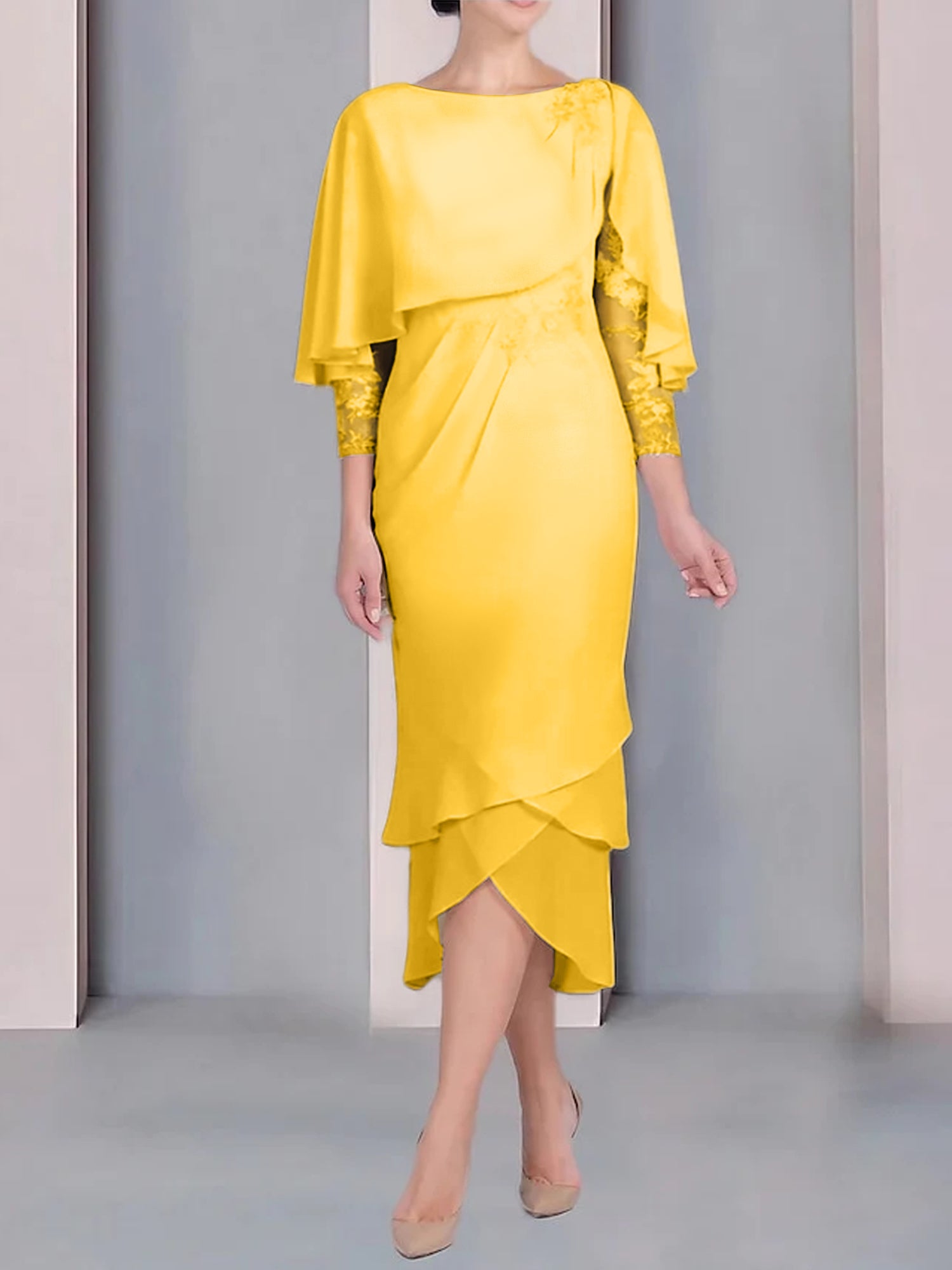 Tea-Length Mother of the Bride Dress with Scoop Neck Short Sleeves and Appliqued Lace-BMbridal