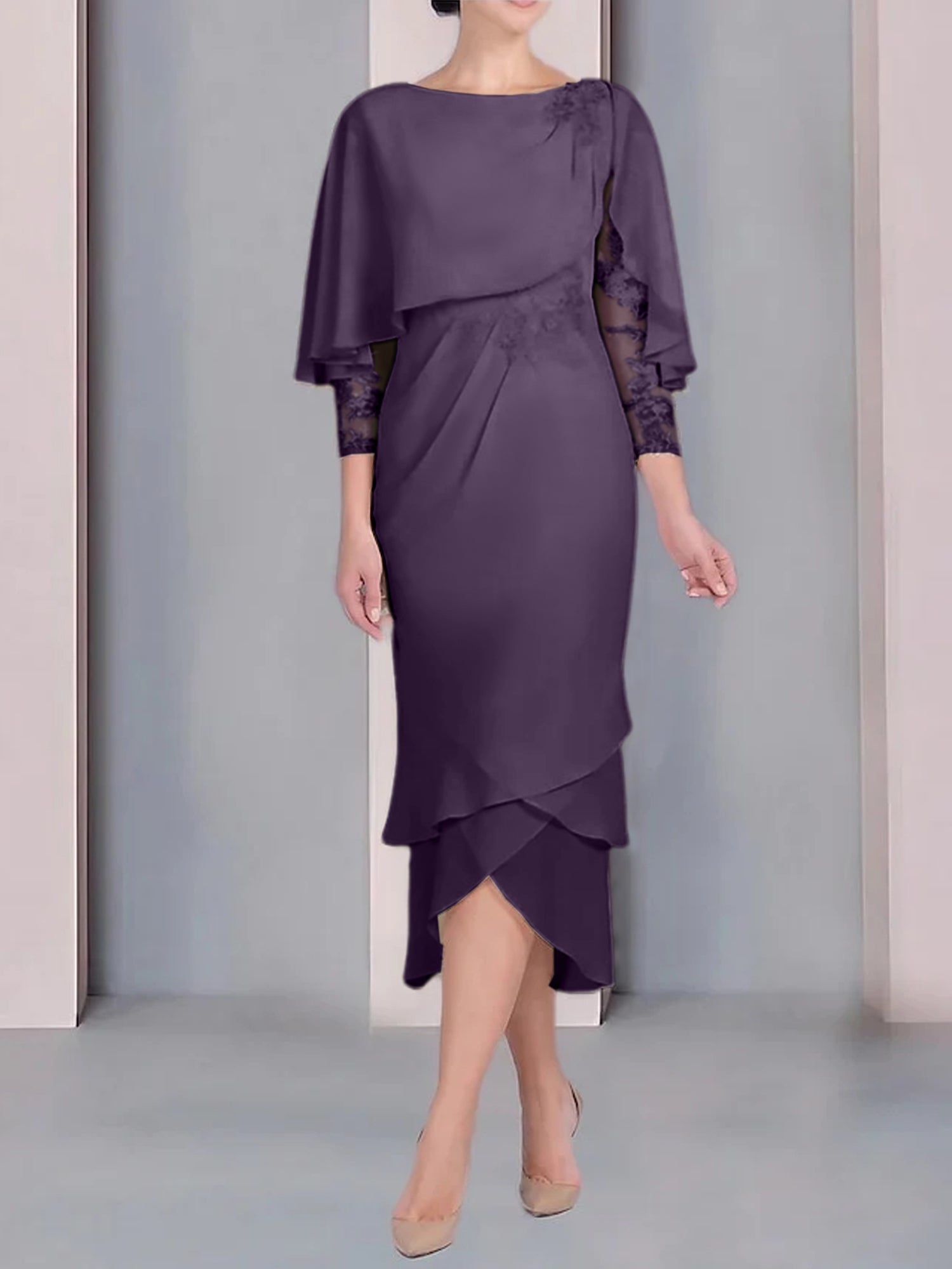 Tea-Length Mother of the Bride Dress with Scoop Neck Short Sleeves and Appliqued Lace-BMbridal