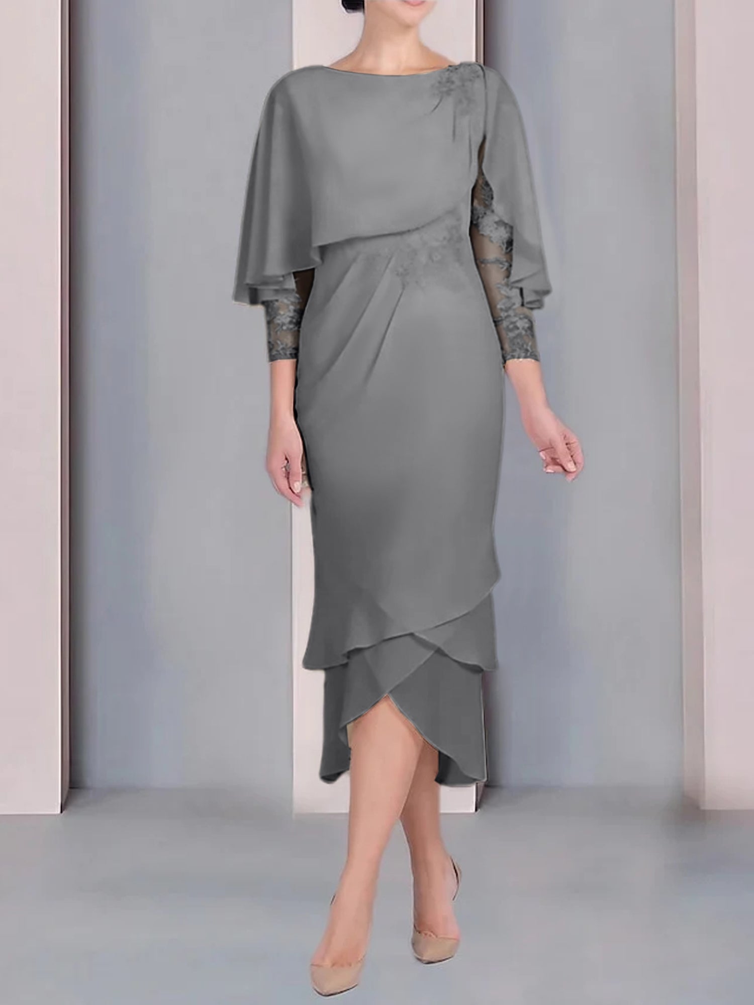 Tea-Length Mother of the Bride Dress with Scoop Neck Short Sleeves and Appliqued Lace-BMbridal