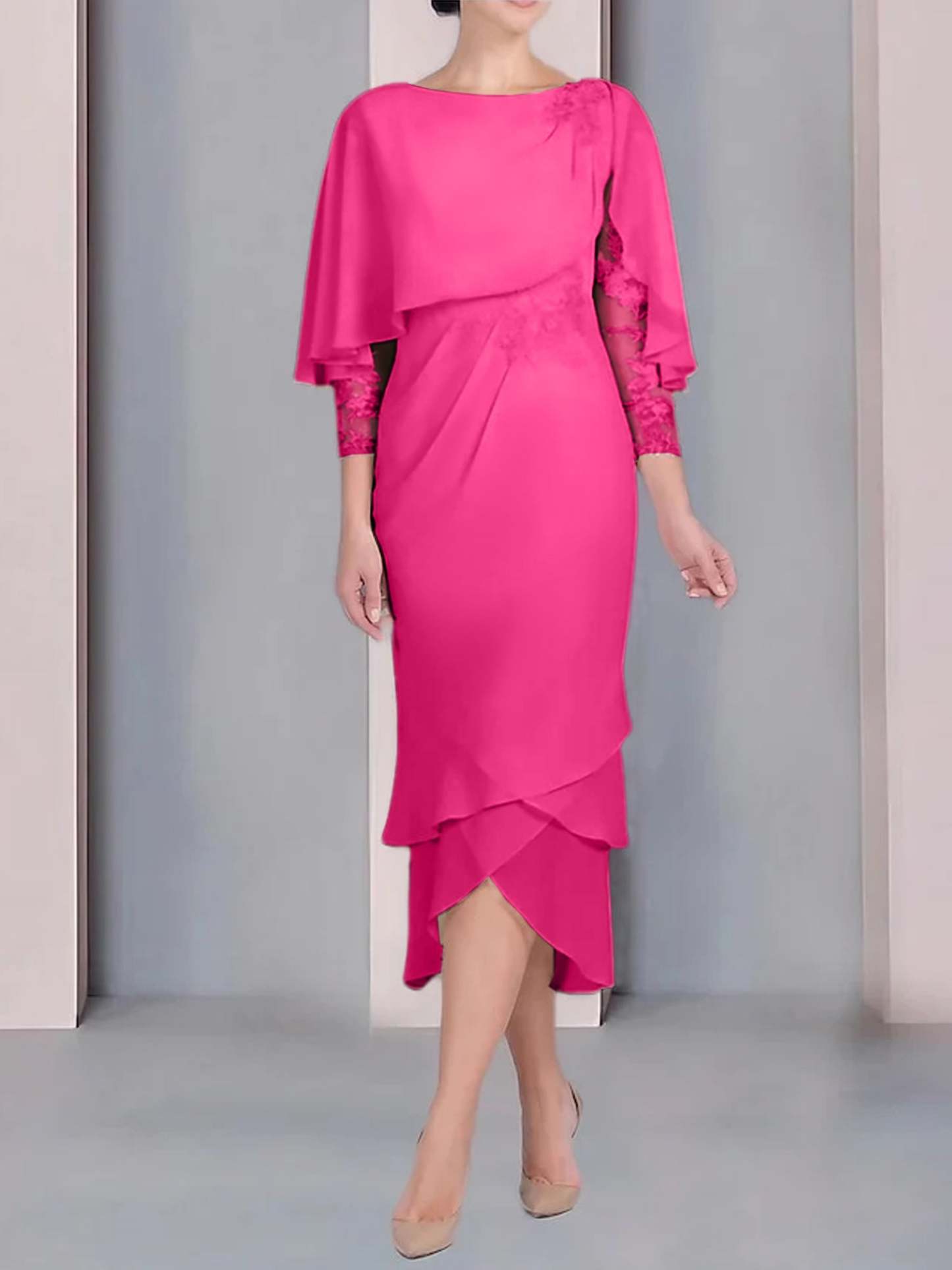 Tea-Length Mother of the Bride Dress with Scoop Neck Short Sleeves and Appliqued Lace-BMbridal